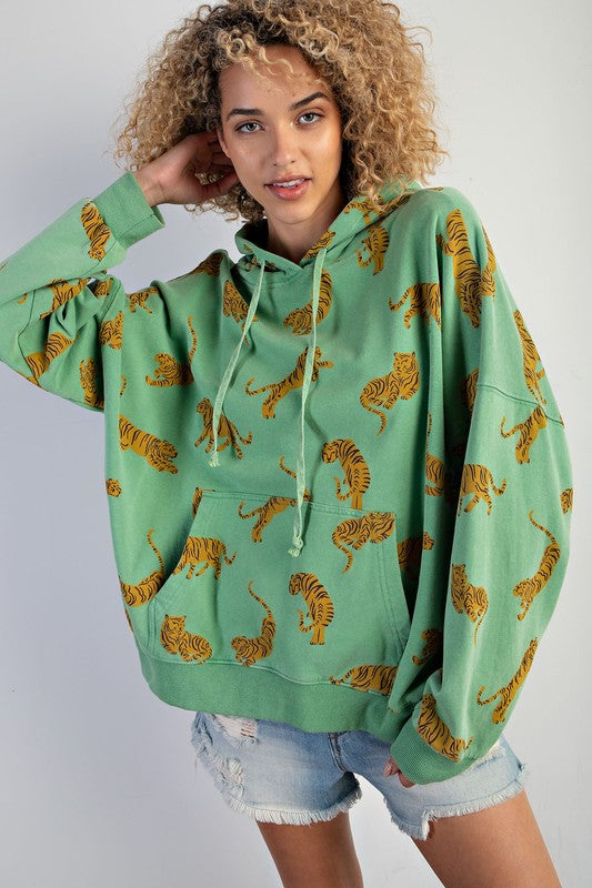 Tiger Print Mineral Washed Hoodie Top Apple Green