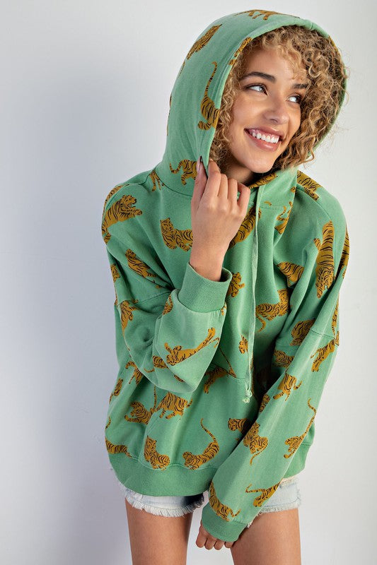 Tiger Print Mineral Washed Hoodie Top Apple Green