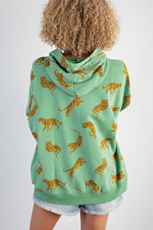 Tiger Print Mineral Washed Hoodie Top Apple Green