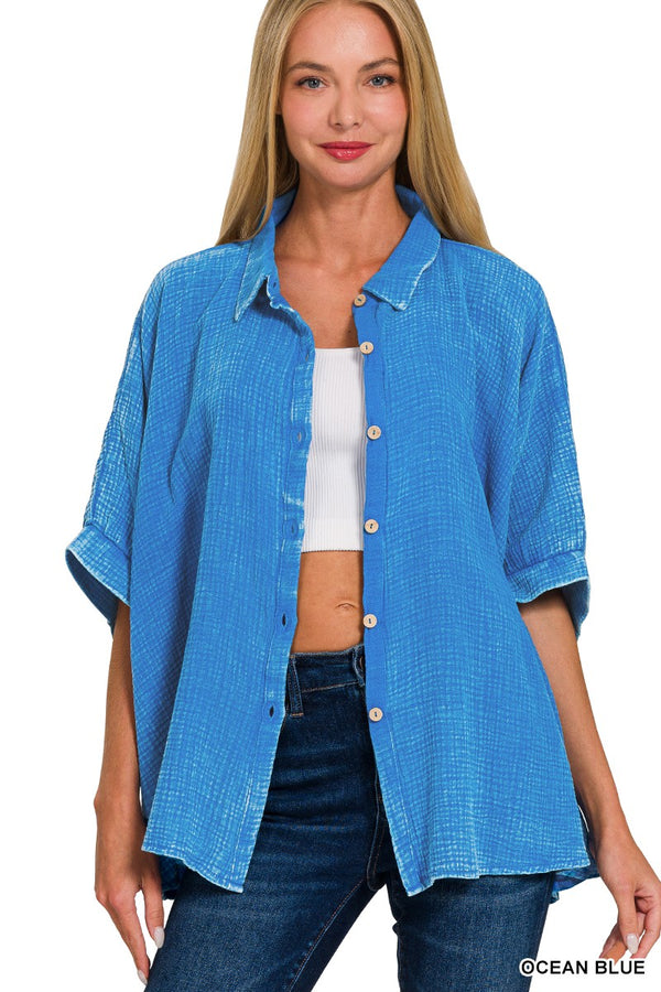Washed Button Down Half Sleeve Shirt Ocean Blue
