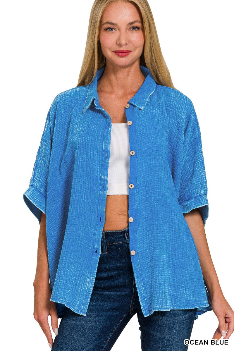 Washed Button Down Half Sleeve Shirt Ocean Blue