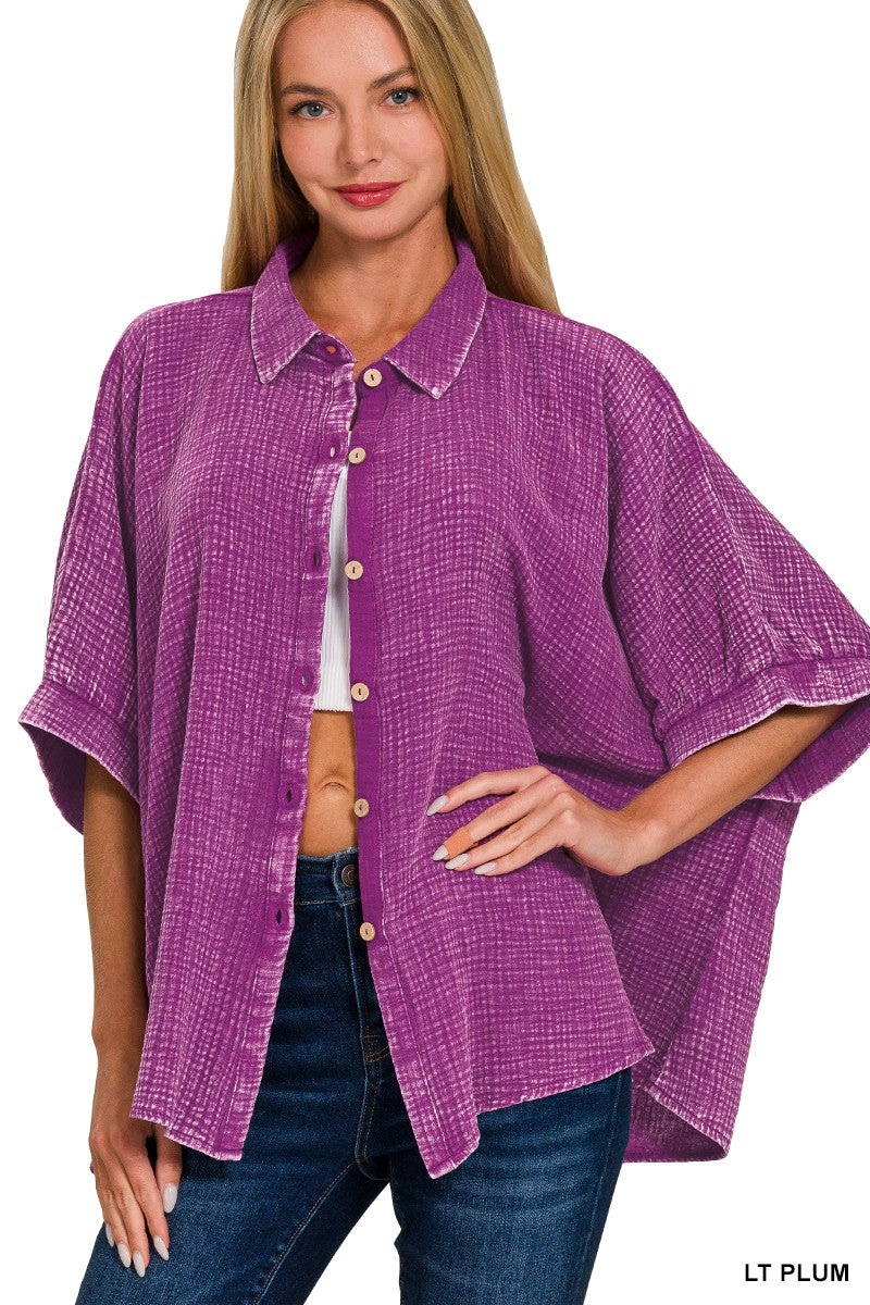 Washed Button Down Half Sleeve Shirt Lt Plum
