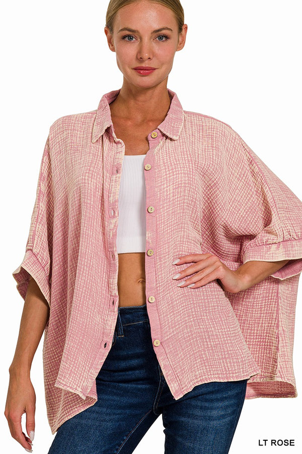 Washed Button Down Half Sleeve Shirt Lt Rose
