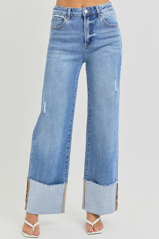 High Rise Ankle Wide Cuffed Jeans Medium