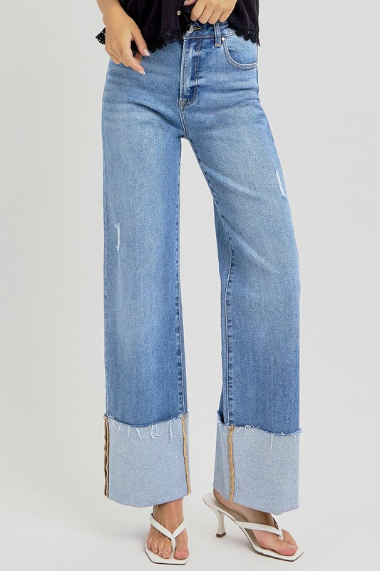 High Rise Ankle Wide Cuffed Jeans Medium