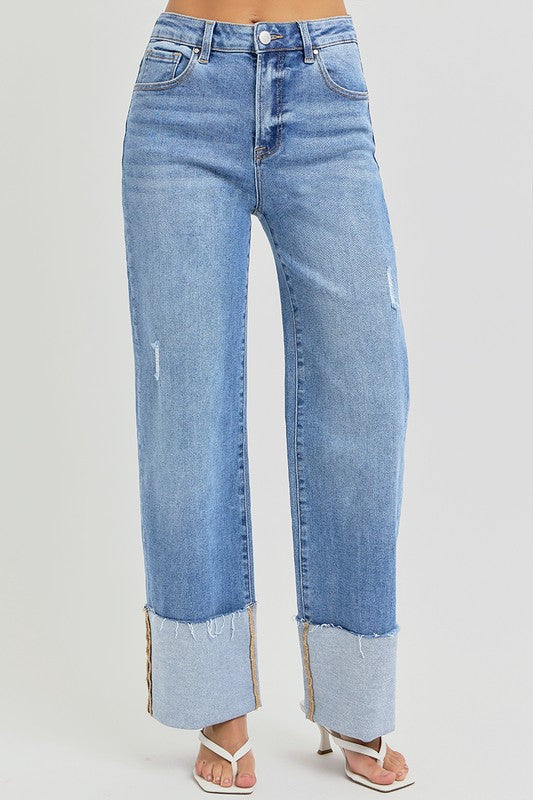 High Rise Ankle Wide Cuffed Jeans Medium