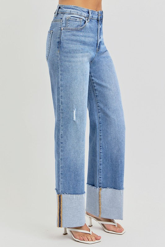 High Rise Ankle Wide Cuffed Jeans Medium