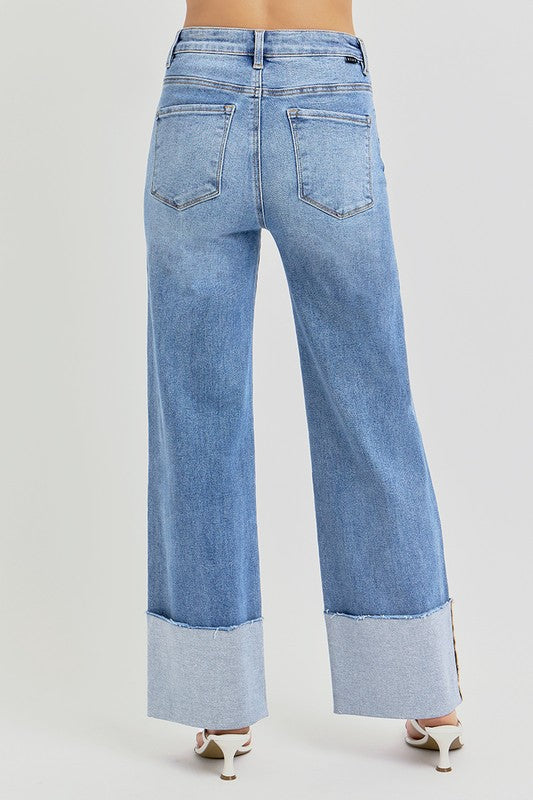 High Rise Ankle Wide Cuffed Jeans Medium