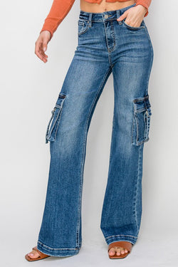 High Rise Side Cargo Pocket Wide Jeans Dark