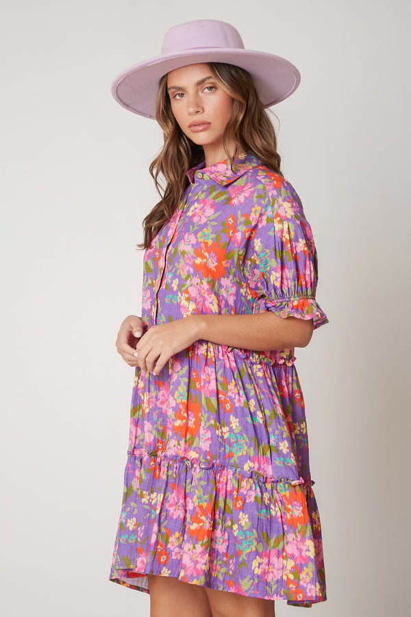 Floral Print Shirt Dress Purple Multi