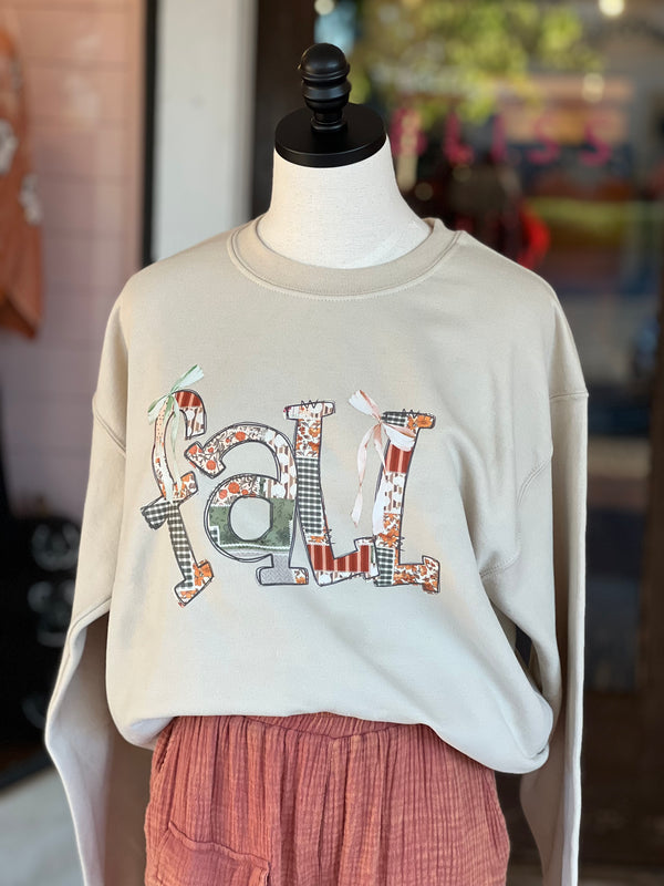 Fall Patchwork Bow Graphic Sweatshirt Sand