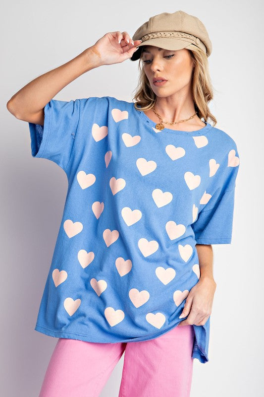 Heart Print Cotton Knit Top English Blue