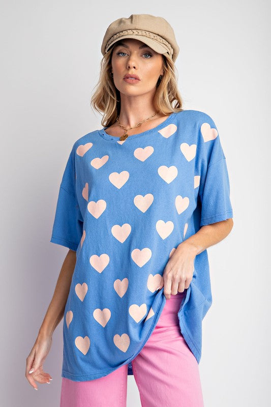 Heart Print Cotton Knit Top English Blue