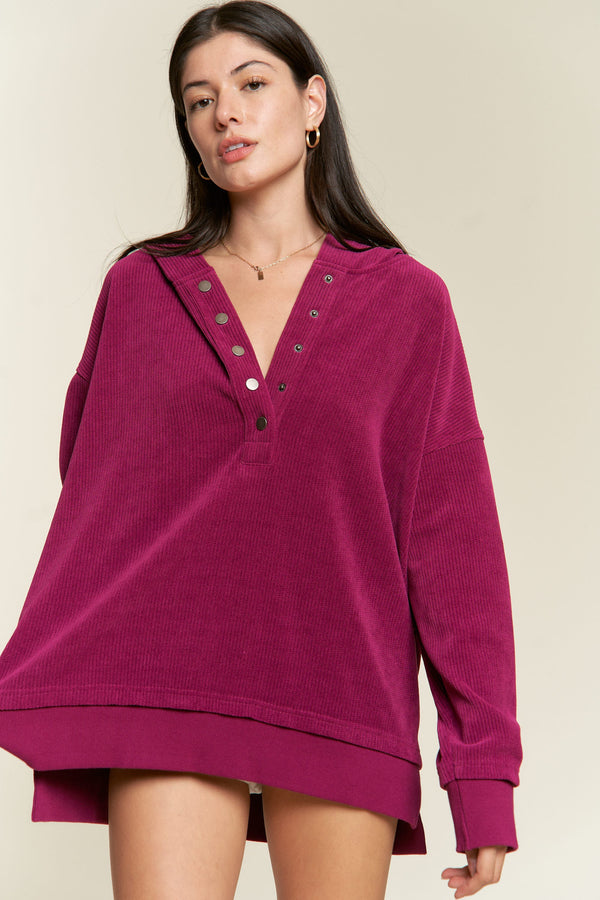 Button Down Ribbed Hooded Sweatshirt Magenta