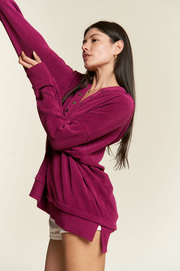 Button Down Ribbed Hooded Sweatshirt Magenta