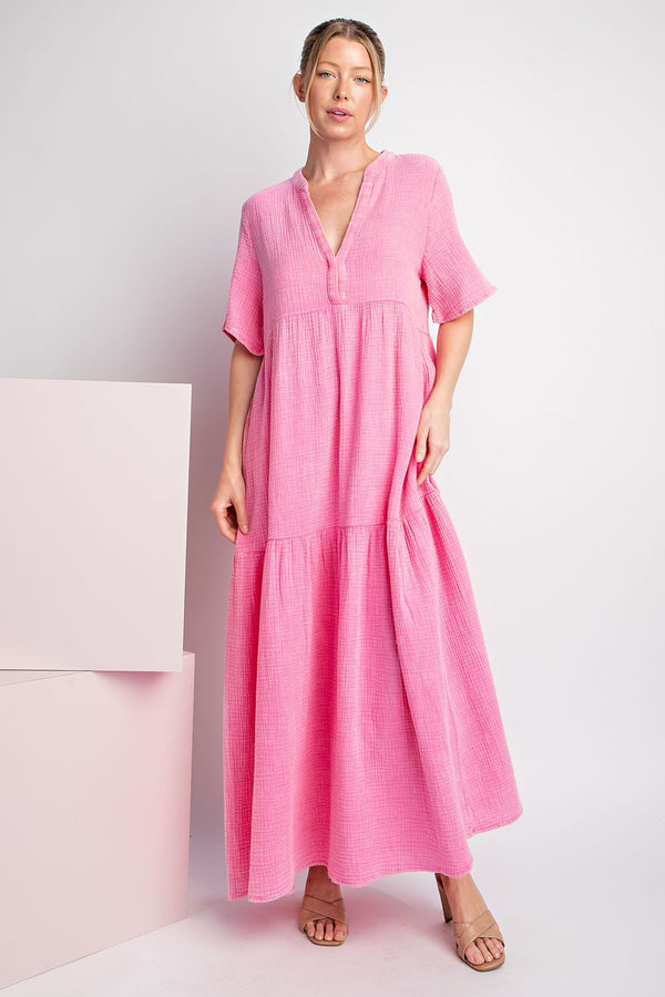 Mineral Washed Tiered Maxi Dress Bubble Pink