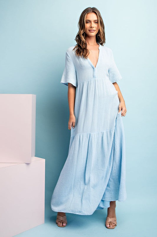 Mineral Washed Tiered Maxi Dress Pale Blue
