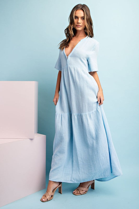 Mineral Washed Tiered Maxi Dress Pale Blue