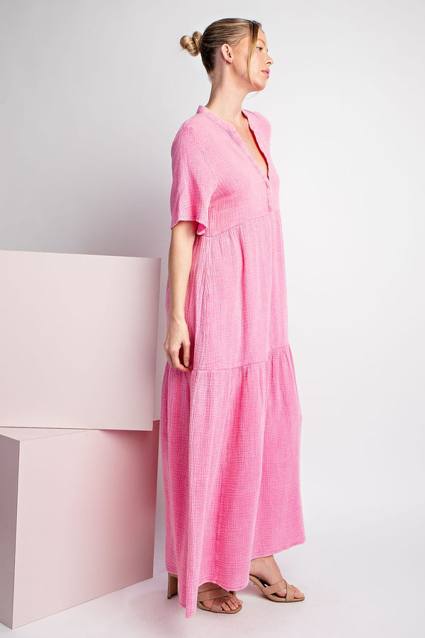 Mineral Washed Tiered Maxi Dress Bubble Pink