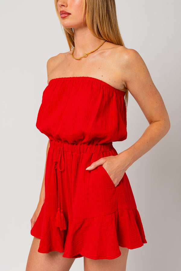 Ruffle Bottom Tube Romper Red