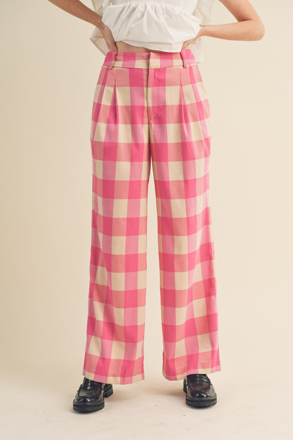 Wide Leg Plaid Trousers Hot Pink