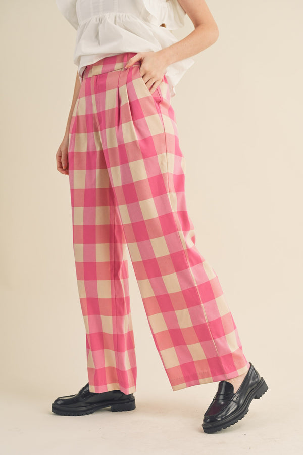 Wide Leg Plaid Trousers Hot Pink
