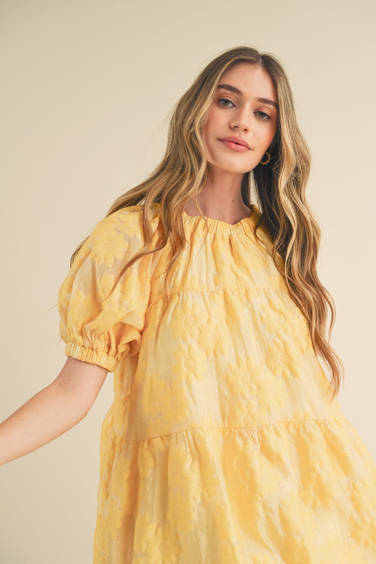 Organza Jacquard Babydoll Dress Yellow Cream