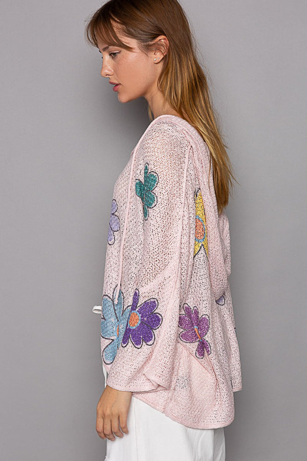 Flower Print Hooded Light Weight Sweater Pink