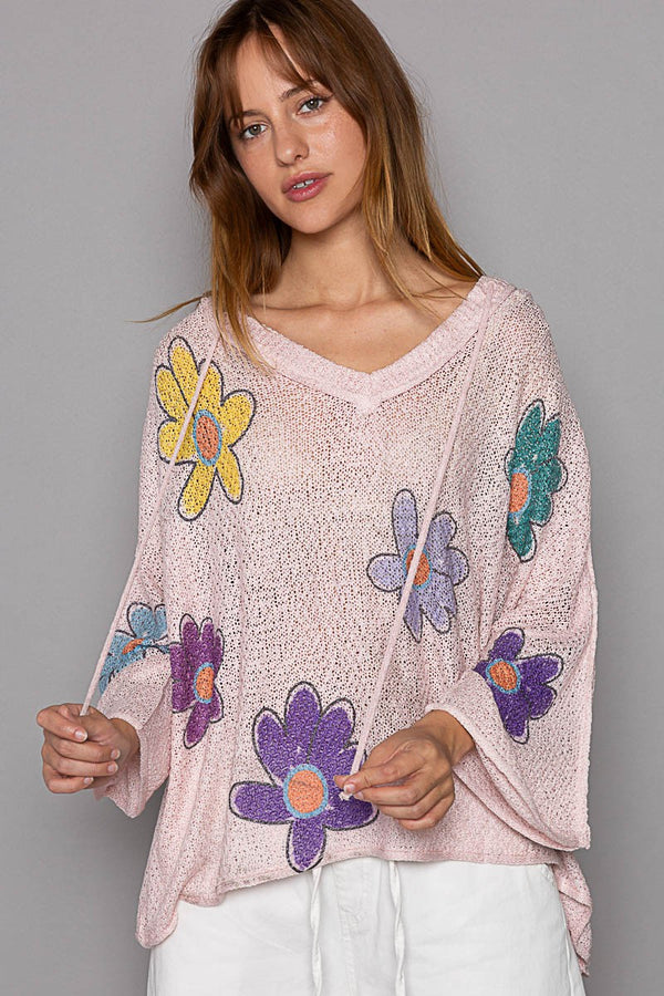 Flower Print Hooded Light Weight Sweater Pink