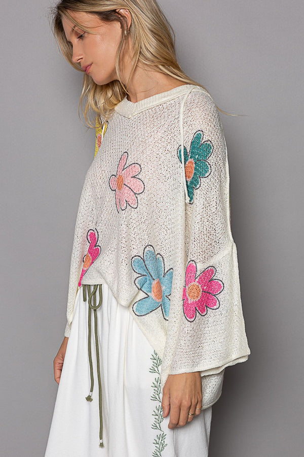 Flower Print Hooded Light Weight Sweater Ivory
