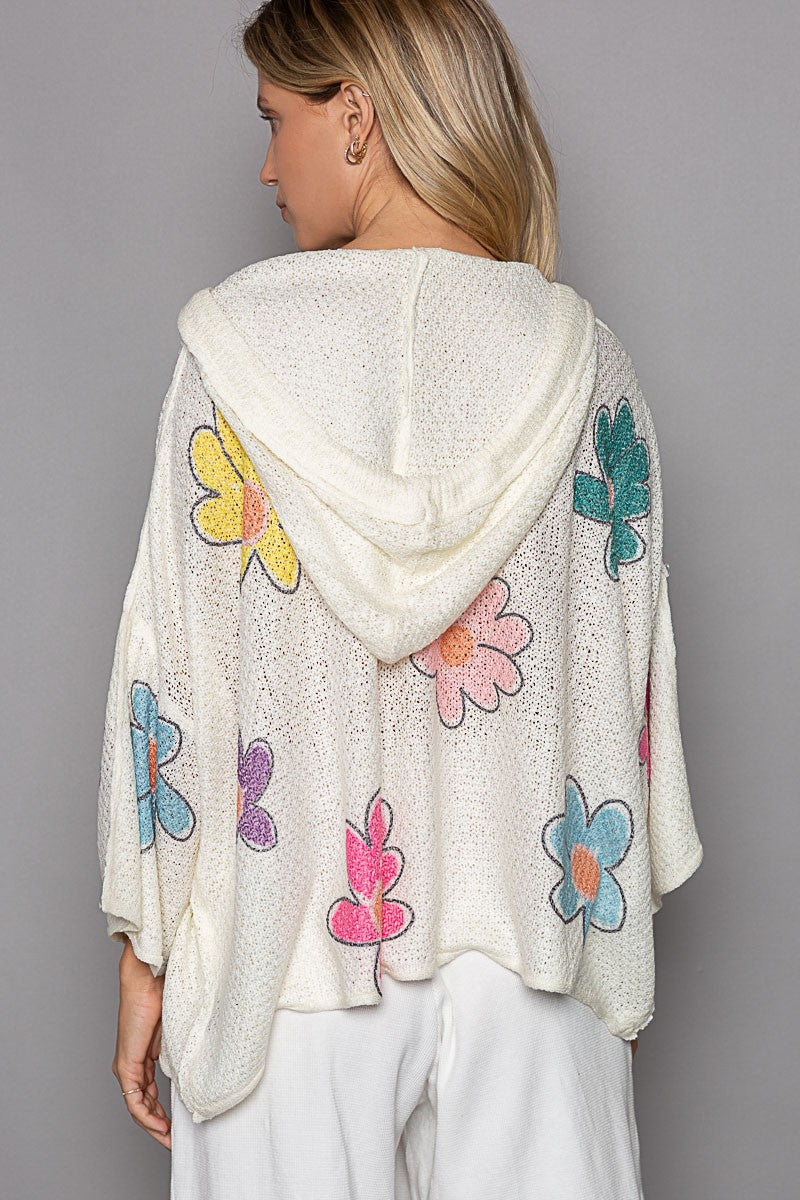 Flower Print Hooded Light Weight Sweater Ivory