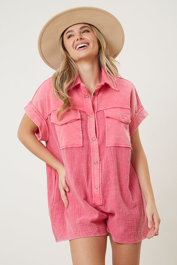 Contrast Terry Button Down Romper Pink