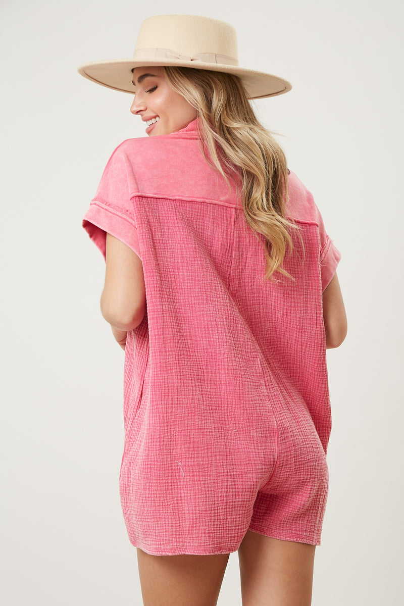 Contrast Terry Button Down Romper Pink