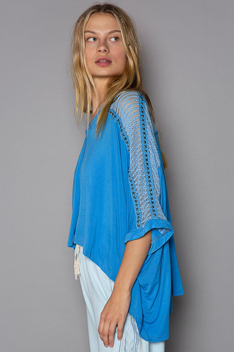 Oversize Crochet Lace Studded Top Pacific Blue