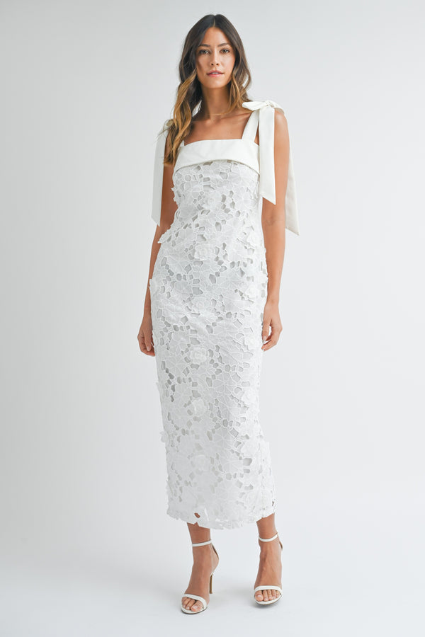 Shoulder Strap Floral Midi Dress Off White