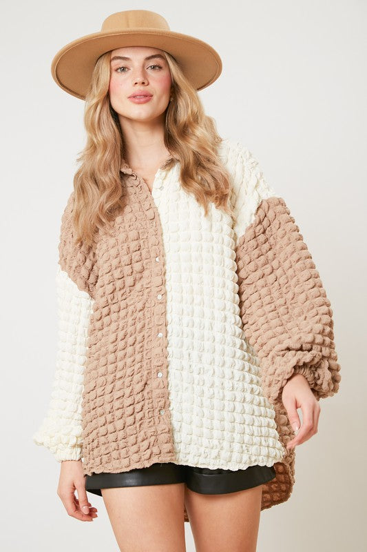 Bubble Woven Color Block Top Cream/Taupe