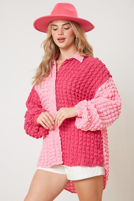 Bubble Woven Color Block Top Pink/Fuchsia