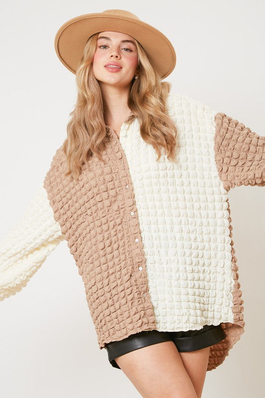 Bubble Woven Color Block Top Cream/Taupe