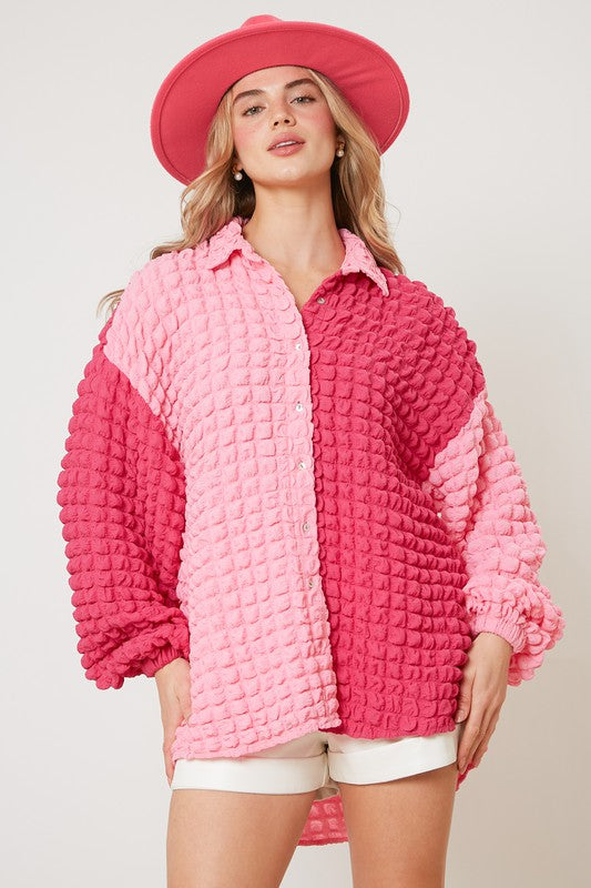Bubble Woven Color Block Top Pink/Fuchsia