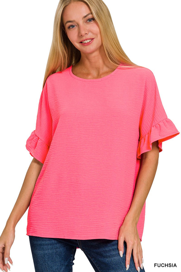 Woven Airflow Ruffle Sleeve Top Fuchsia