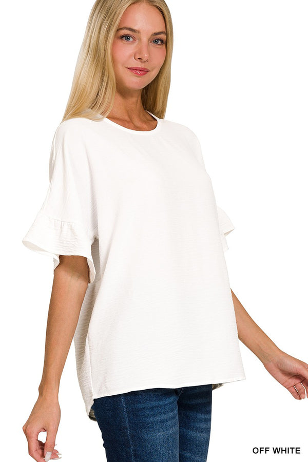Woven Airflow Ruffle Sleeve Top Off White