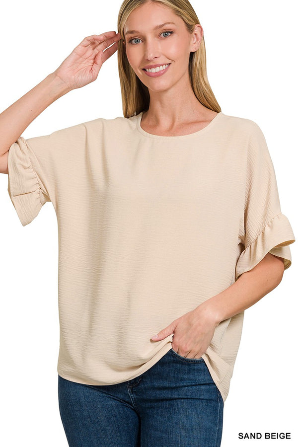 Woven Airflow Ruffle Sleeve Top Sand Beige