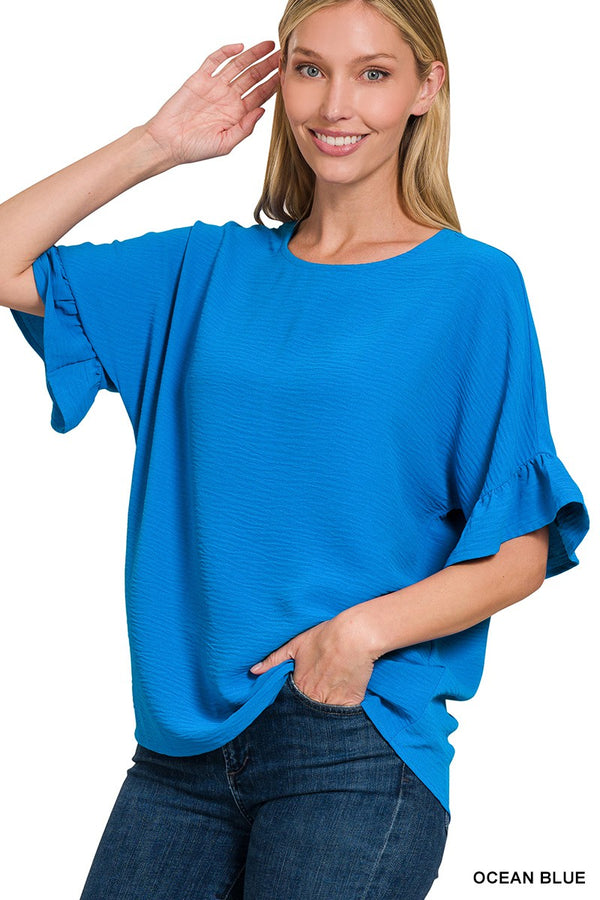 Woven Airflow Ruffle Sleeve Top Ocean Blue