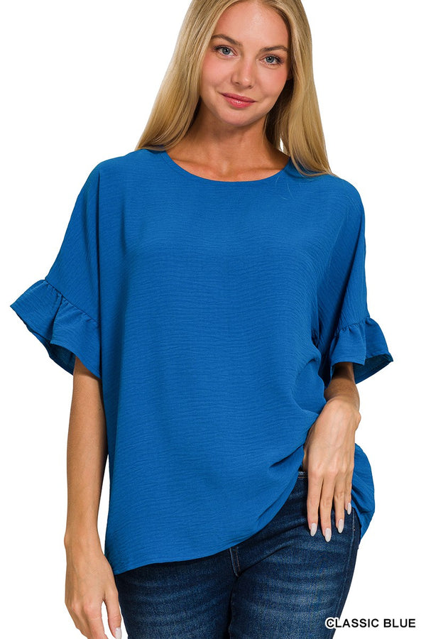 Woven Airflow Ruffle Sleeve Top Classic Blue