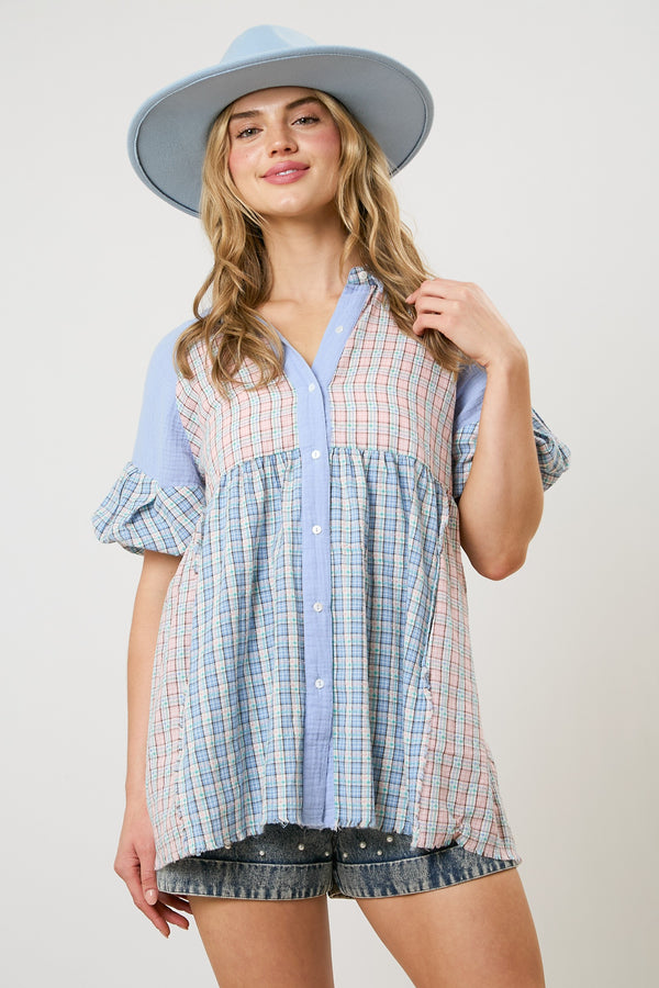 Flannel Bubble Sleeve Tunic Top Blue