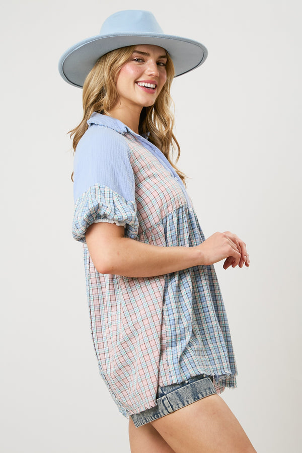 Flannel Bubble Sleeve Tunic Top Blue