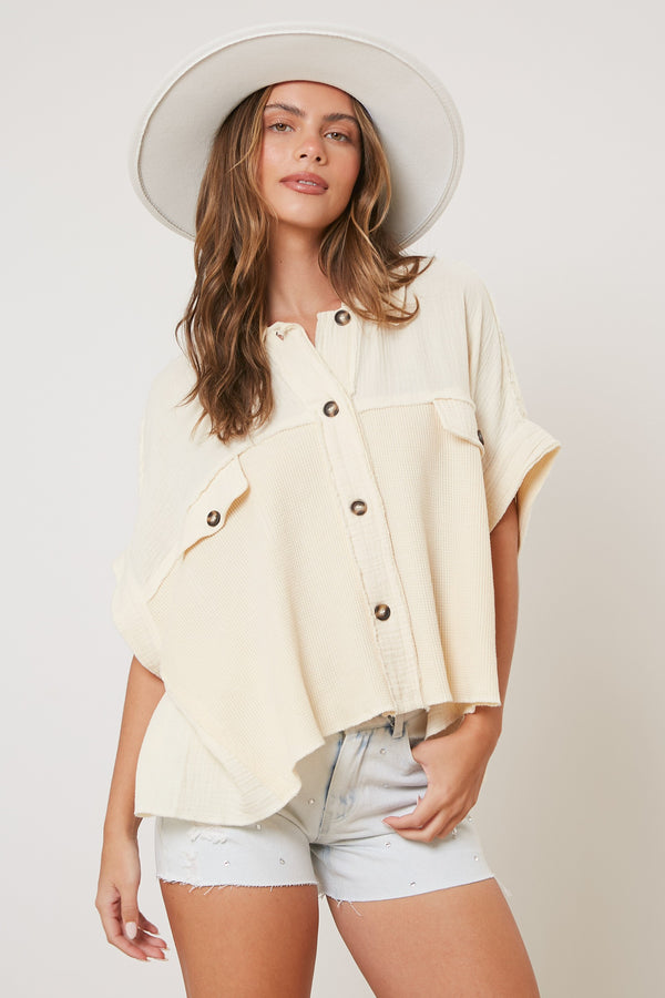 Cotton Gauze & Thermal Contrast Shirt Ivory