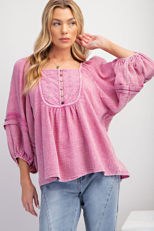 Mineral Washed Babydoll Tunic Top Cotton Candy