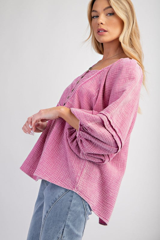 Mineral Washed Babydoll Tunic Top Cotton Candy