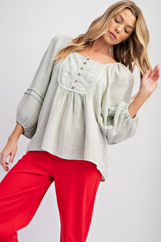 Mineral Washed Babydoll Tunic Top Ice Grey